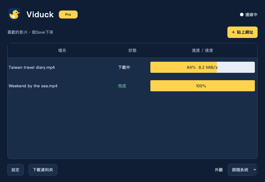 Viduck Windows Qt 介面預覽,展示下載表格與外觀選擇。